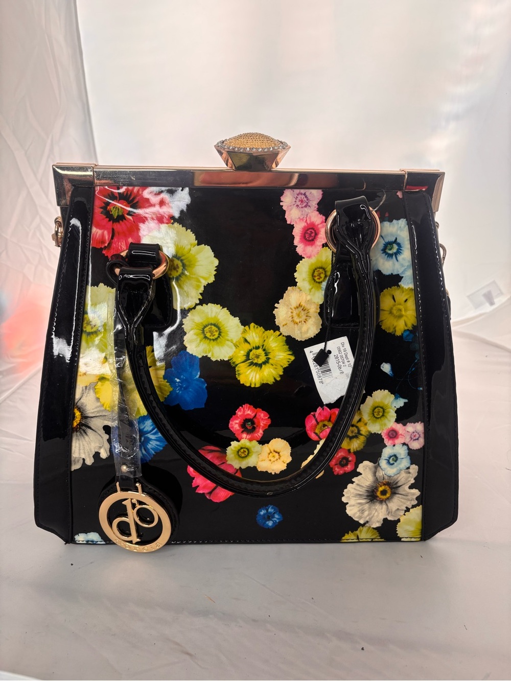 D’orcoa vegan Patent Floral Tote with Gold Accent Charm